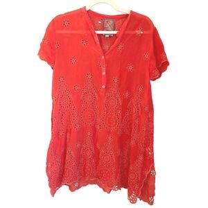 Johnny Was Size S A-Line Coral Eyelet Coverup Tunic Boho Cupra Embroidered